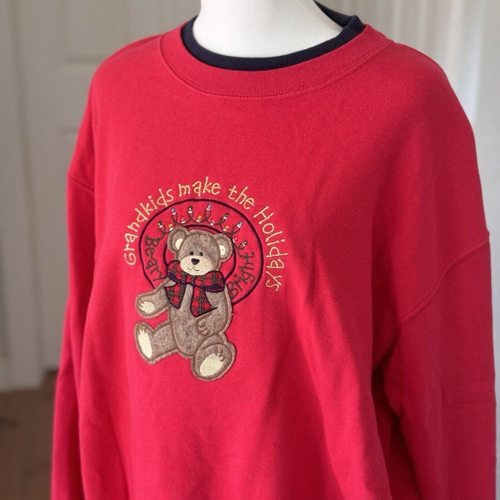 Vtg‎ 90s Christmas Bear Applique Sweatshirt Womens Sz L Red Sequin Ugly Holiday